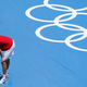 Russian tennis player Daniil Medvedev pauses during a third round men's tennis match against Fabio Fognini, of Italy, at the 2020 Summer Olympics.
